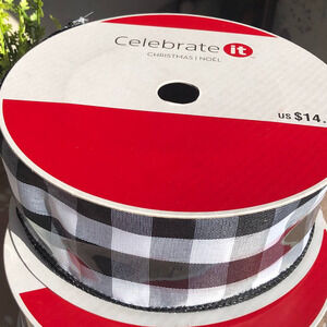 NWT 1 Celebrate It Checkered Wired Jumbo Ribbon Black/White Rolls